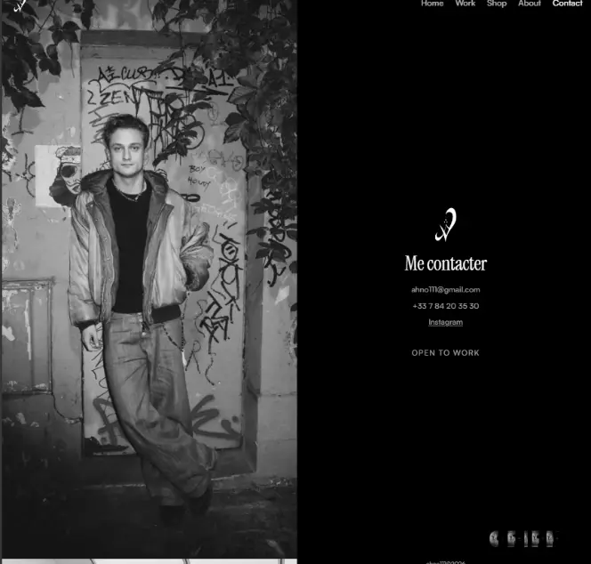 La page contact du site Ahno111 : un portrait en noir et blanc devant une porte couverte de graffitis.