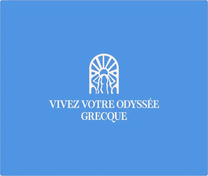 Visuel bleu Meraki : l'emblème et « Vivez votre odyssée grecque ».