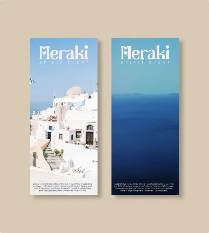 Deux kakémonos Meraki « Spirit Event » sur fond beige.